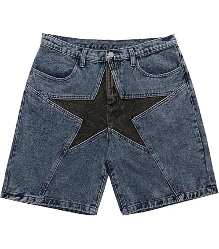 Vamtac Baggy Denim Jorts for Men Elastic Waist Frayed Star Patch